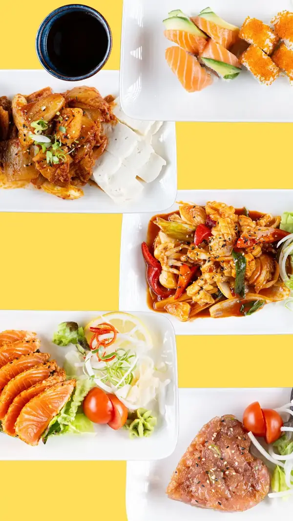 Collage mit Gerichten von Han Kitchen: Sushi, Kimchi, Tofu und Thunfisch-Tartar