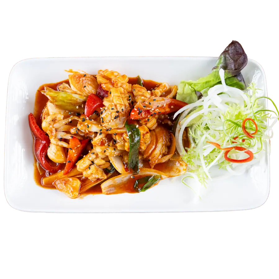 Ojingeo Bokkeum: Tintenfisch mit Gemüse an scharfer Sauce